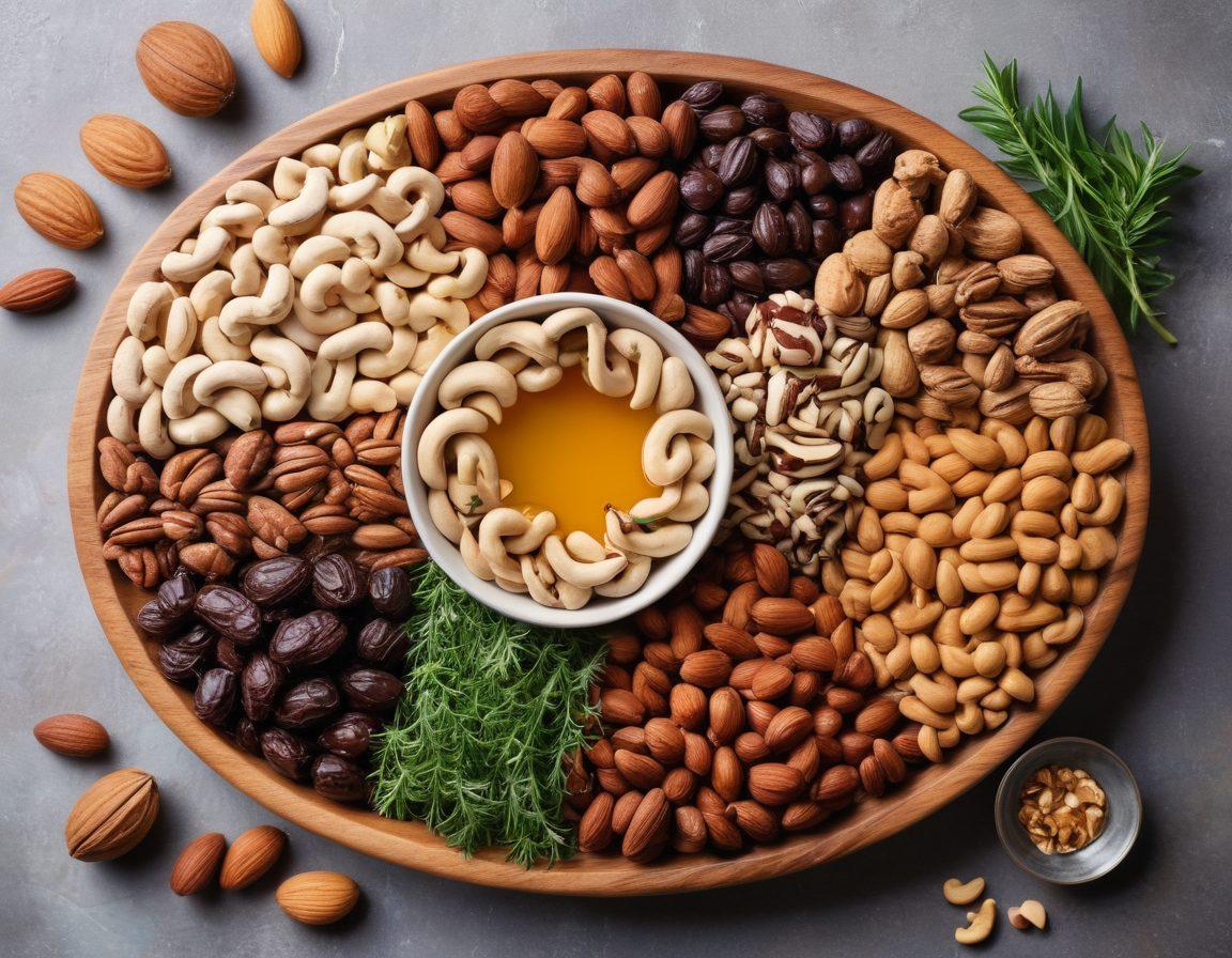 A vibrant and colorful spread of assorted gourmet nuts beautifully arranged on a wooden platter, capturing the rich textures and natural hues of each nut. Surrounding the platter, small bowls of honey, dark chocolate drizzles, and fresh herbs create an inviting, healthy gourmet atmosphere. Soft sunlight filters through, enhancing the wholesome feel. ideal for a joyful culinary experience. super-realistic. vibrant colors. white background.