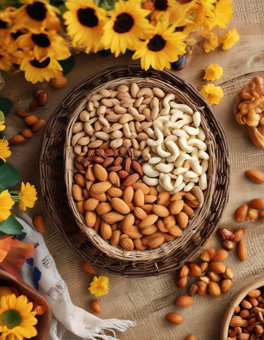 A beautiful, bright arrangement of assorted healthy nuts like almonds, walnuts, and cashews spilling out of a woven basket set against a cheerful, sunny backdrop. In the foreground, a happy family is sharing nuts around a picnic spread filled with fruits and flowers, conveying joy and togetherness. Add vibrant colors and a touch of whimsical elements like butterfly decorations to enhance the celebratory mood. super-realistic. vibrant colors. soft focus.
